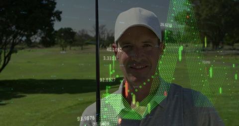 Male Golfer Holding Club on Green with Data Visualization Overlay