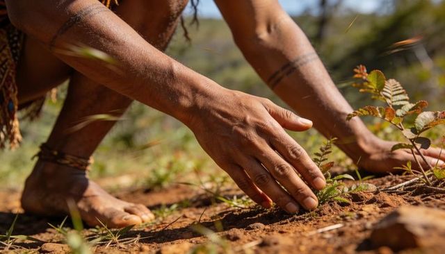 Hands planting sapling in sunlit red soil barefoot with bracelets, patterned cloth