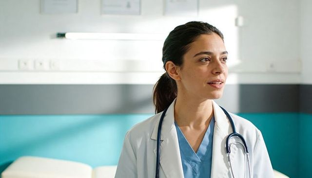Confident female doctor standing in clinic with stethoscope and scrubs, medical consultation