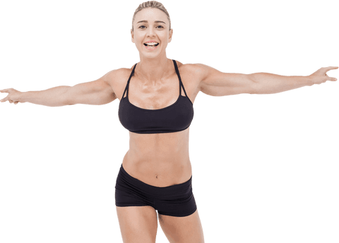 Energetic Female Athlete Raising Arms on Transparent Background