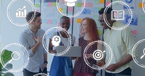 Diverse Team Collaborating on Project with Digital Icons Overlay