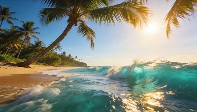Sunlit tropical wave crashing on sandy beach with leaning palm tree at golden hour