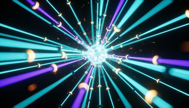 Glowing core emitting neon cyan and purple beams in radial burst with crescent highlights