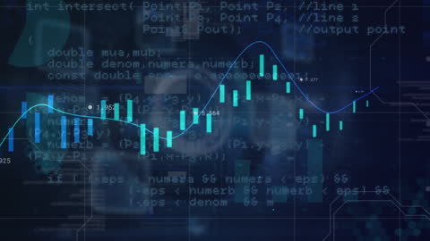 Digital Financial Data Processing on Blue Binary Code Background