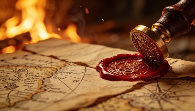 Pressing brass seal into red wax on vintage map with compass rose and flame