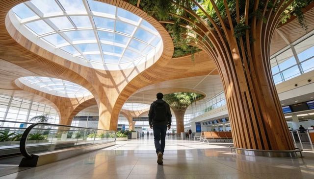 Traveler walking through modern airport terminal with timber column atriums and skylights