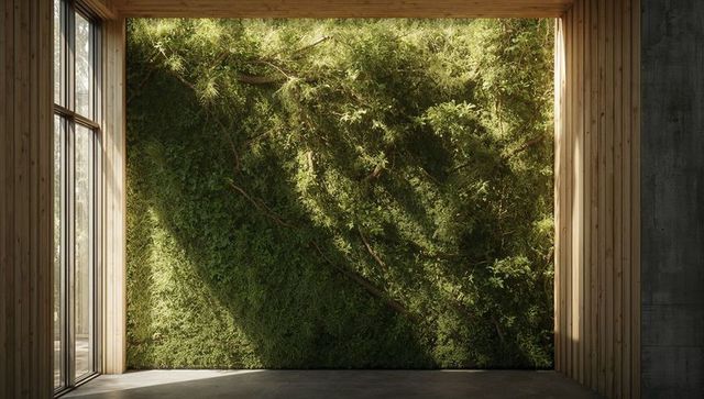 Living green wall casting diagonal sunlight shadows in minimalist atrium with glass facade