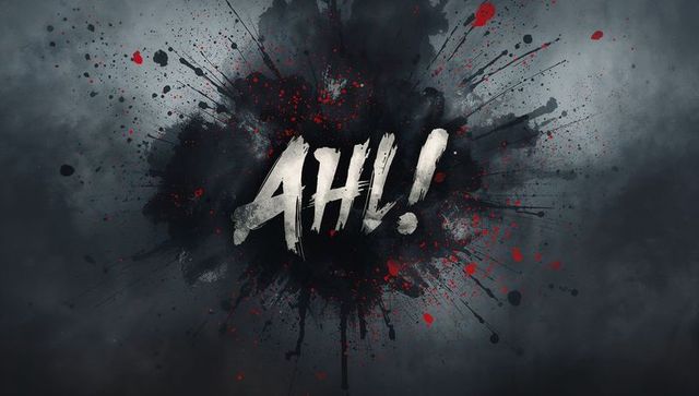Explosive grunge ahl! typography radiating from black ink splatter with red paint droplets