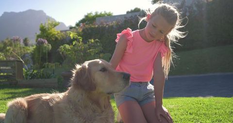 Young girl petting golden retriever on sunlit backyard lawn, summer family outdoor moment
