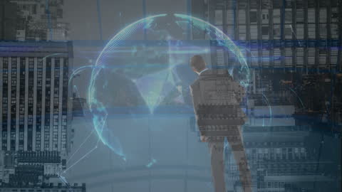 Businessman Analyzing Digital Globe and Data Trends