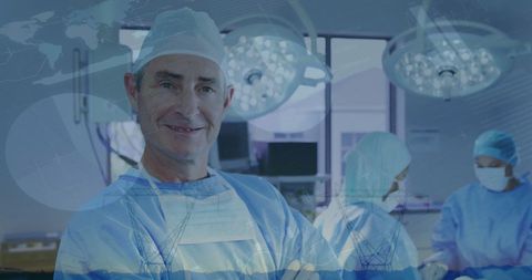 Confident Male Surgeon with Hospital Team and Data Overlay