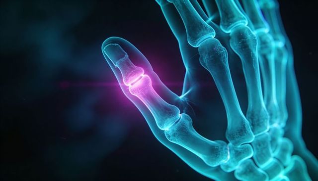 Translucent cyan skeletal hand highlighting inflamed finger joint with magenta glow