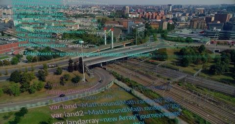 Urban highway overpass with digital code overlay