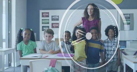 Teacher Leading Diverse Elementary Students in Bright Classroom With Clock Overlay