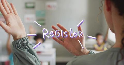 Hispanic teacher raising hand for roll call in elementary classroom register graphic