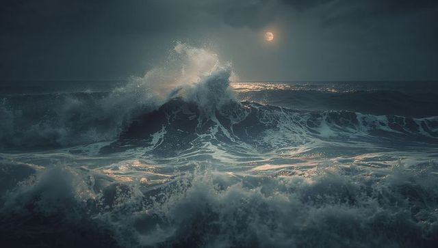 Dramatic Seascape with Full Moon Lighting Stormy Waves