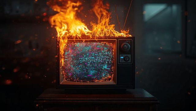 Burning crt television with glitch screen in workshop