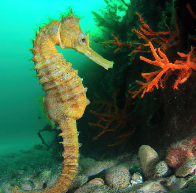 Close-up of a vibrant seahorse swimming in a colorful underwater environment. Ideal for educational materials about marine life, ocean conservation campaigns, and nature documentaries.
