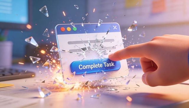 Cinematic Finger Pressing Shattering Complete Task Button, Glass Shards and Sparks