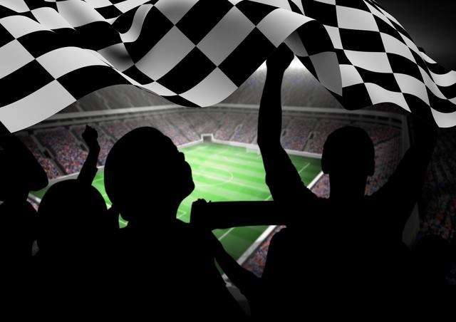 Digital composition of fans holding checker flag in stadium
