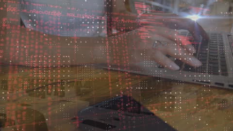 Hands Typing Laptop Overlaid with Digital Data and Code