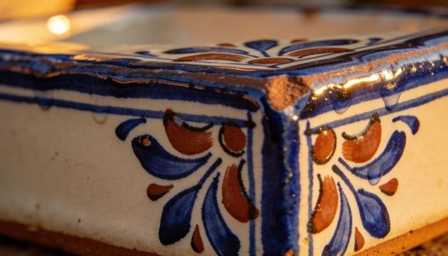 Handpainted talavera tile corner showing cobalt blue floral motif with glazed chip