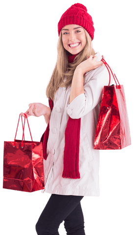 Cheerful shopper with red shopping bags in transparent background