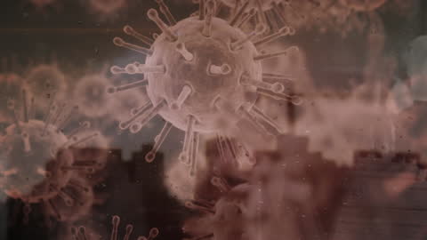 COVID-19 Virus Cells Over Cityscape Visualizing Pandemic Impact