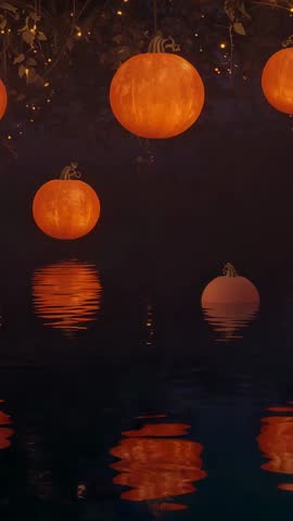 Floating Glowing Pumpkins Swaying Over Night Pond | Enchanting Vertical Autumn Video