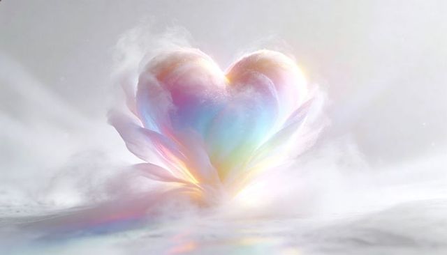 Glowing heart cloud emitting pastel iridescence and misty sparkle, minimal white backdrop