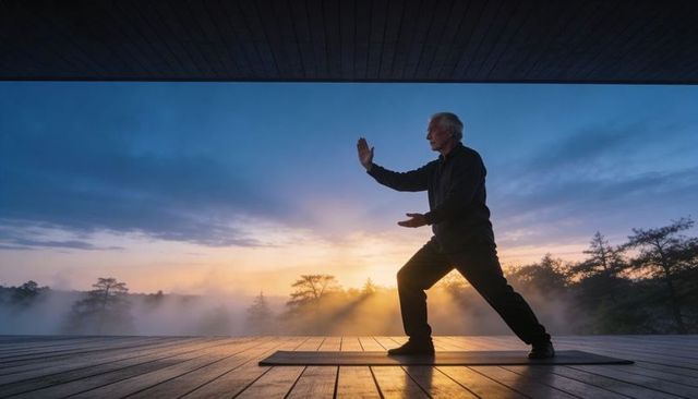 Senior practicing tai chi on wooden deck at misty sunrise for mindfulness and qigong