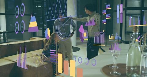 Team collaborating over holographic analytics display in modern lounge