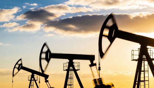 Silhouetted oil pumpjacks pumping at golden sunset with clouds and distant horizon