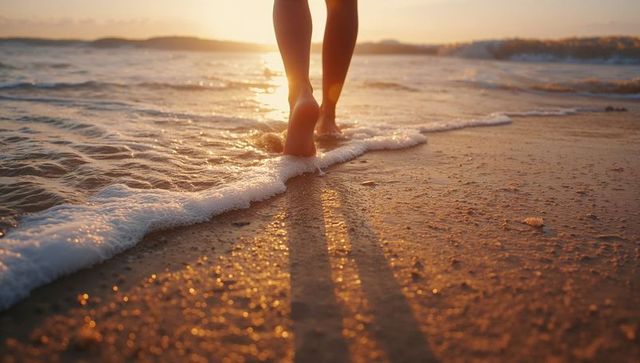 Walking Barefoot Through Gentle Surf at Sunset