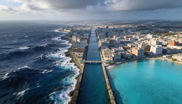 Coastal canal stretching to horizon dividing city waterfront with seawalls, bridge, turquoise lagoon