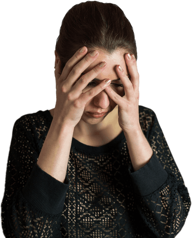 Transparent worried woman covering face in distress