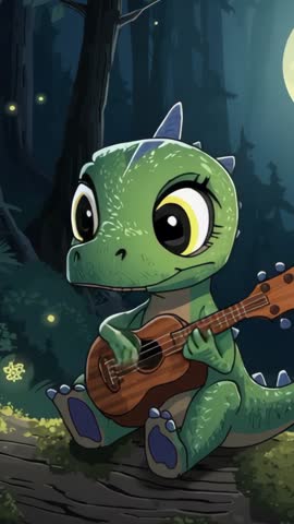 Moonlit Baby Dinosaur Playing Ukulele on Log in Enchanted Forest | Vertical Video Loop