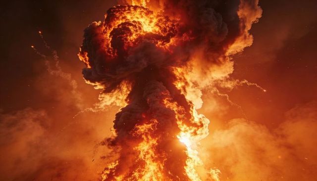 Massive mushroom cloud rising in fiery explosion engulfing remote landscape with fireball
