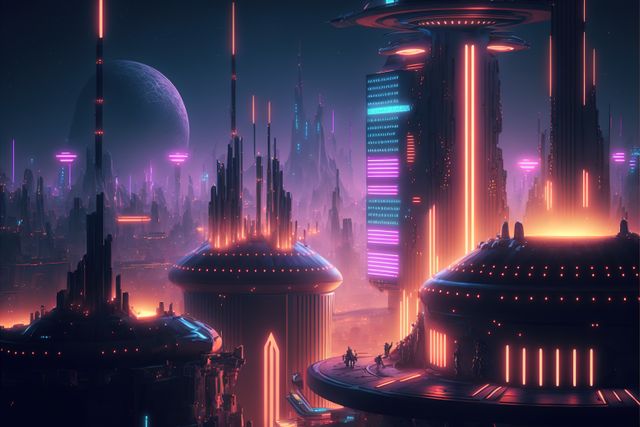 This stunning image depicts a futuristic city bathed in neon lights under a starry night sky, with a prominent moon visible in the background. Tall skyscrapers and advanced architecture dominate the skyline. Ideal for use in articles or design projects focusing on science fiction, cyberpunk themes, future cities, and technological advancements