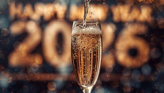 Pouring champagne flute celebrating new year 2026 with golden bubbles and sparkling bokeh