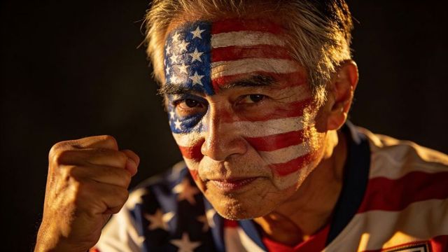 Clenching fist senior asian man wearing american flag face paint patriotic determination