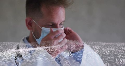 Medical professional securing mask with data overlay concept