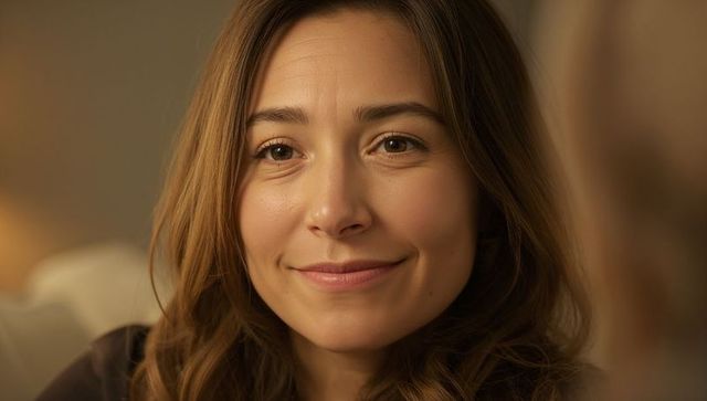 Smiling woman resting on sofa wearing dark sweater warm cozy living room headshot
