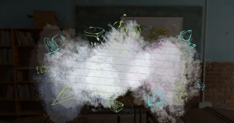 Abstract floating school icons in empty classroom