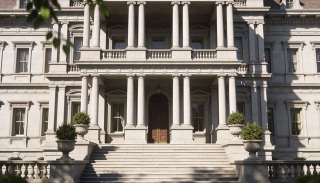Neoclassical mansion entrance with columned portico, balcony and ascending stone staircase