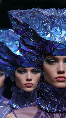 Models walking runway wearing iridescent mosaic headpieces under dramatic spotlights