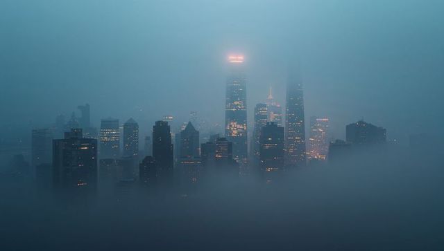 Misty urban skyline at dawn with illuminated skyscrapers
