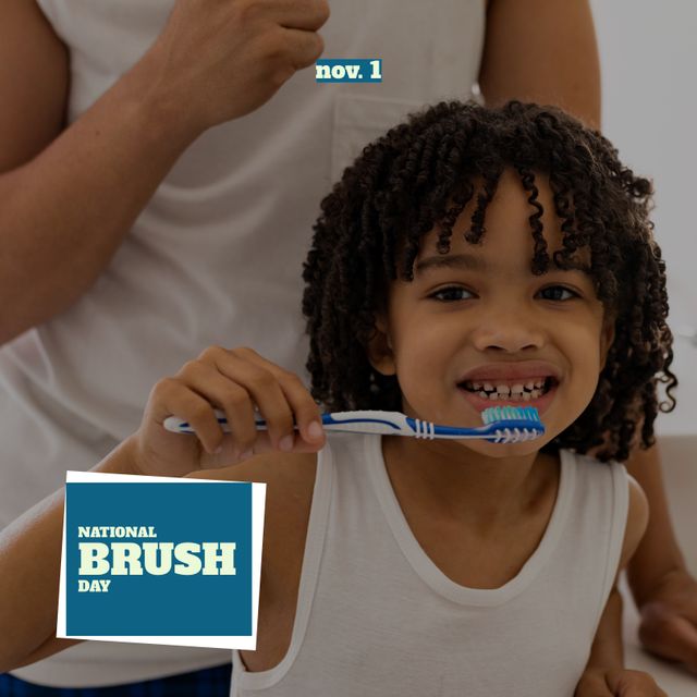 Composition of national brush day text over african american man and his son brushing teeth. National brush day and celebration concept digitally generated image.
