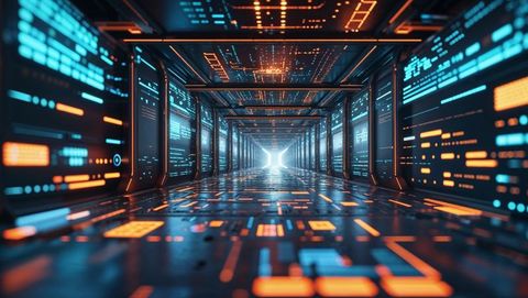 Futuristic cybernetic corridor with glowing holograms for website designs