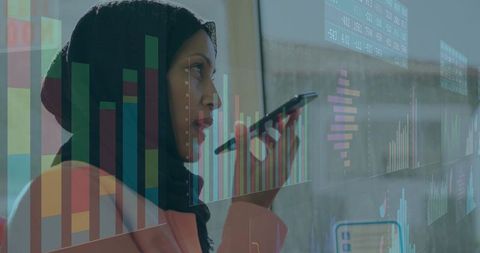 Executive in hijab speaking into phone, viewing overlaid data charts on glass
